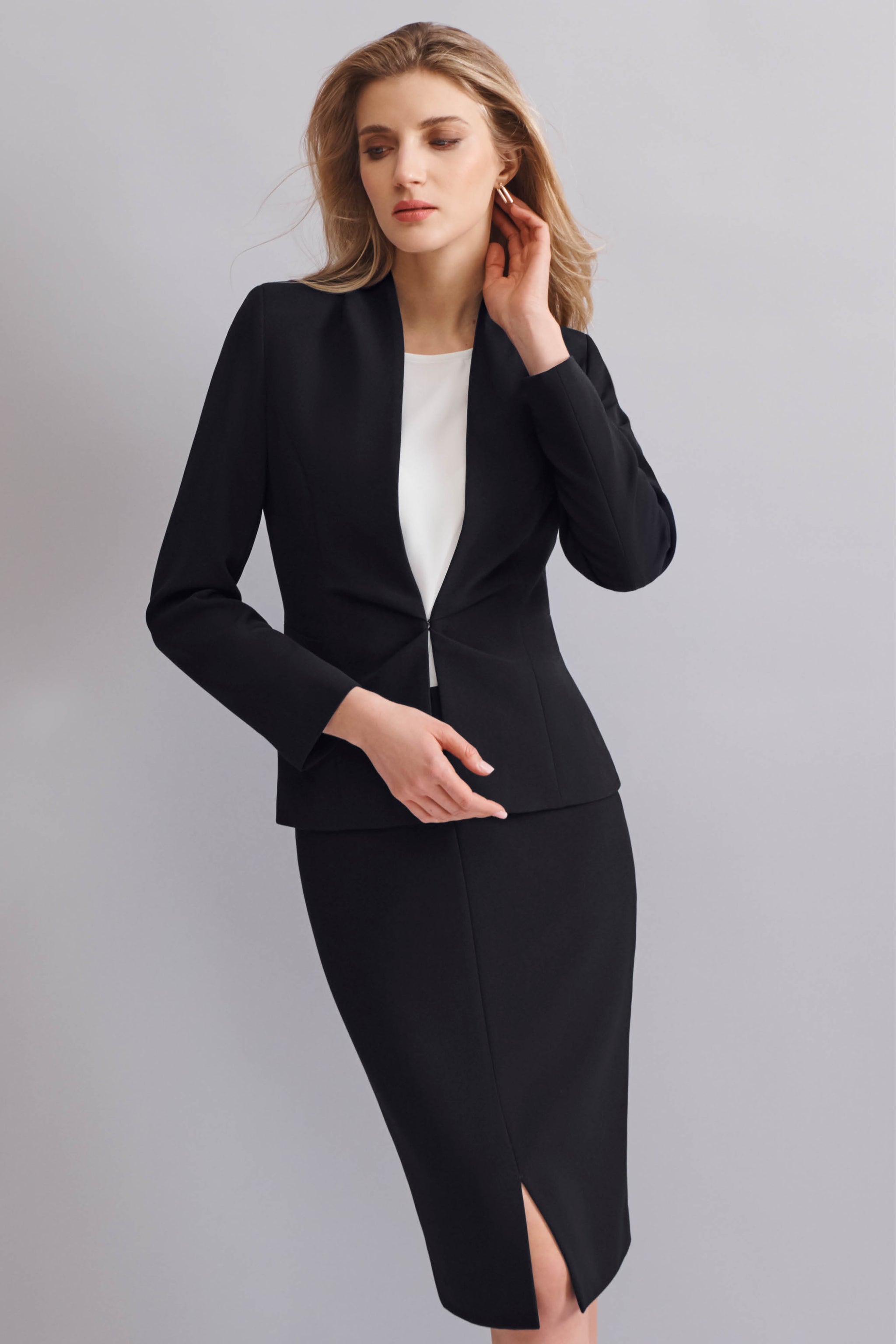 Skirt suit with best sale long jacket